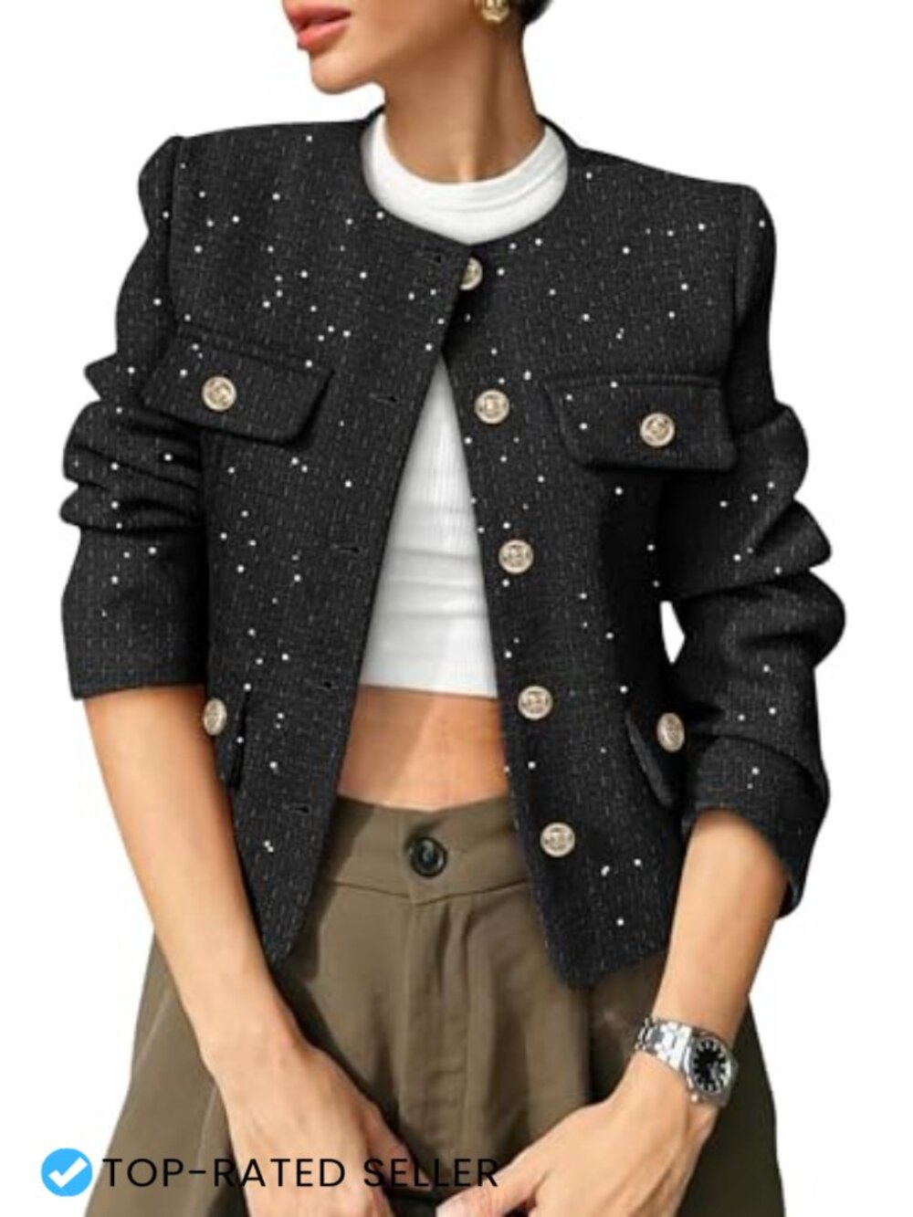 Womens Tweed Cropped Blazer Button Down Business Casual Long Sleeve